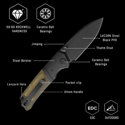 Shooziz XUN125, Folding Pocket Knife for Man,PVD/Satin 14C28N Steel for Outdoor Camping EDC Tool,Ultem/G10 Handle