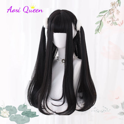 AS Long Straight Black Synthetic Wig For Woman With Bangs Black Cosplay Lolita Wigs Heat Resistant Natural Hair
