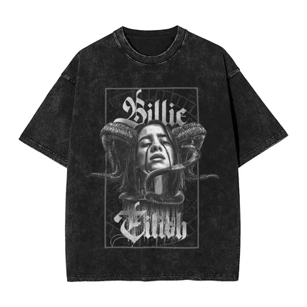 Billie Eilish Funny Poster Graphic Print T-shirt Men Women Fashion Vintage Washed Cotton O-neck Summer Tee Oversized Casual Top