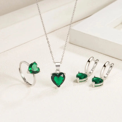 Fine 925 Sterling Silver Jewelry Gift Sets for Women Female Romantic Heart Zircon Huggie Earrings Pendant Necklace Ring
