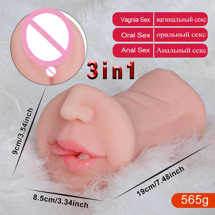 Realistic 3 in 1 Male Masturbator Cup Mouth Vagina Anal 3 Holes Deep Throat Blowjob Pocket Pussy Airplane Cup Sex Toy for Men