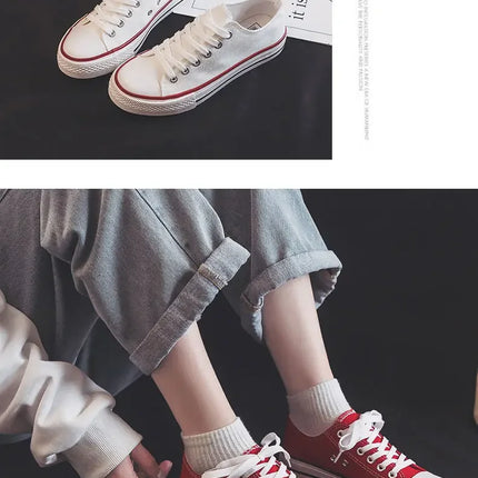 Flat Bottom Canvas Shoes Women's Versatile Low Cut Rubber Sole Pure Color Adult Slip-On Fashion Trendy White Sneakers
