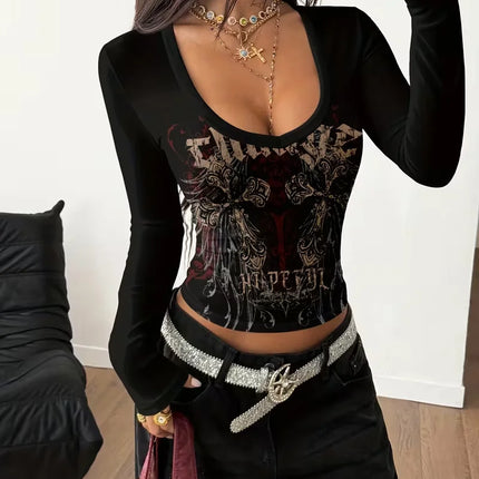 Women's Spring/Summer Retro Style Music Road Printed Long-Sleeve T-shirt
