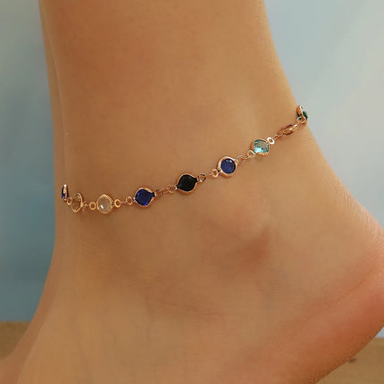 Kinitial Exquisite and fashionable laser plated anklet with black, blue, and multicolored white stones as an anniversary gifts