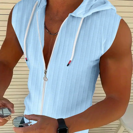 5 colors available for men's hooded sleeveless zipper plaid men's sportswear Slim fit breathable men's casual breathable shirt