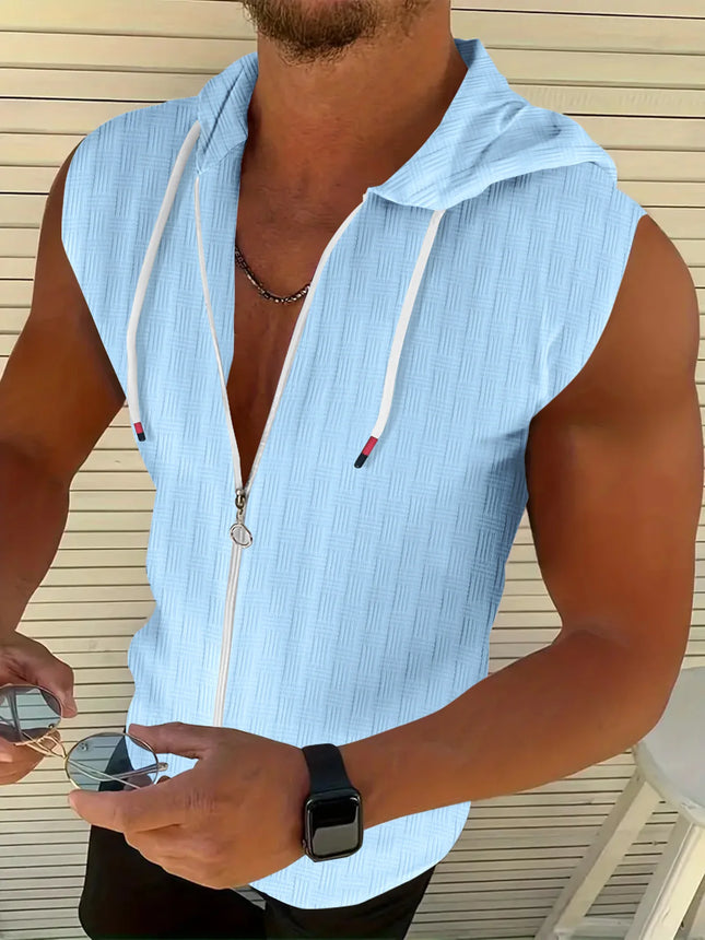 5 colors available for men's hooded sleeveless zipper plaid men's sportswear Slim fit breathable men's casual breathable shirt