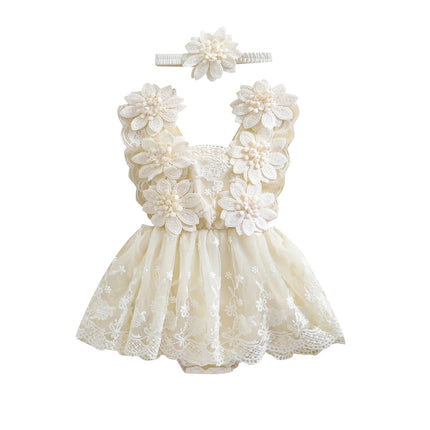 0-24 Months Baby Girl Romper Dress Outfit Flower Embroidery Tie-Up Mesh Bodysuits Bow Headband 2 Piece Summer Set