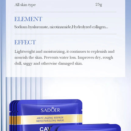 5pcs SADOER Caviar Hyaluronic Acid Moisturizing Facial Masks Brightening Firming Hydrating Face Mask Facial Skin Care Products