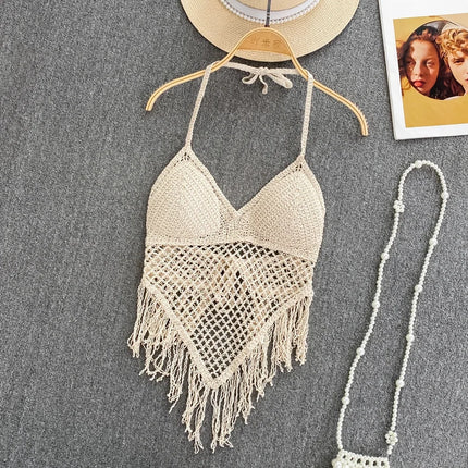 Knitted Tassels Hollow Out Tank Camis for Women Bohemian Style Halter Sleeveless Sexy Femme Corset Crop Tops Beach Tank Camisoles