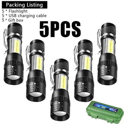 Mini Tactical LED High Power Flashlight Rechargeable Zoom Strong Waterproof Outdoor Camping Torch COB Side Lights 3 Modes