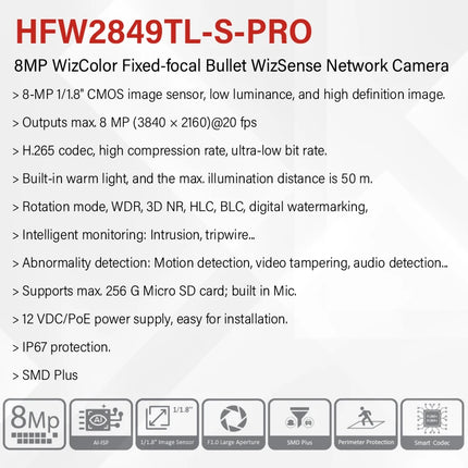 Dahua WizColor 4MP 8MP Smart Home Camera 50m Lighting Distance Built in Mic 4K PoE CCTV SMD IPC-HFW2449TL-S-PRO HFW2849TL-S-PRO