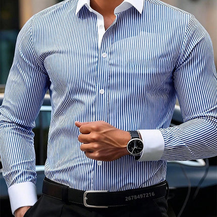 Men's Business Casual Striped Long-Sleeved Shirt, Stylish Design with Lapel and Contrasting Color Splicing, Men's Casual Top