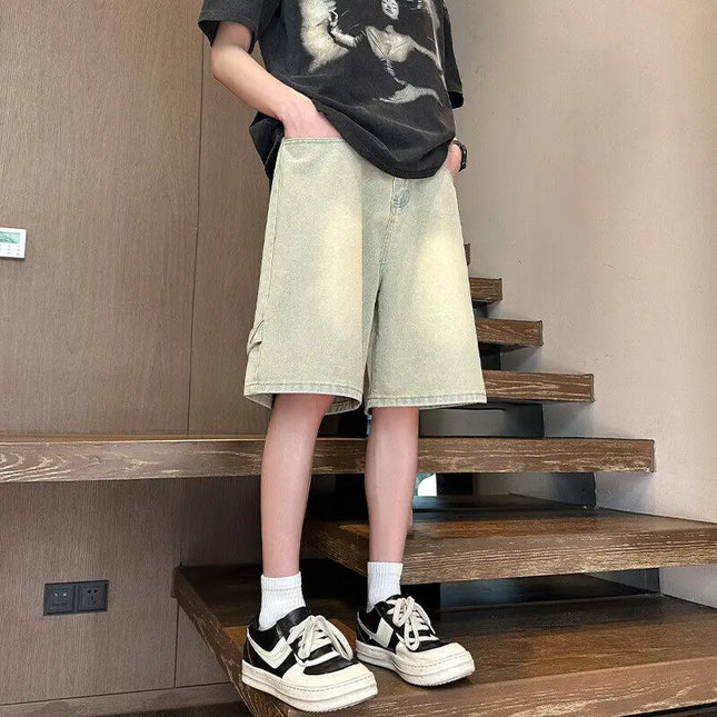 High Quality Men's Retro Button Fly Retro Denim Shorts Streetwear Vintage Washed Cotton Knee-Length Jean Youth Casual Denim Pant