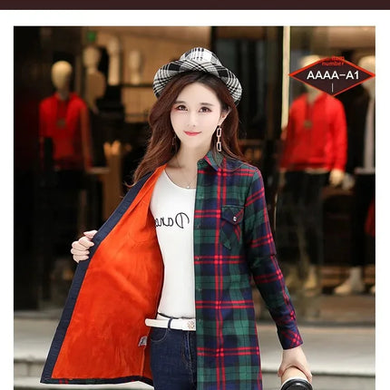 Thickened Fleece Women's Long Sleeve Shirt Warm Slim Fit Midi Length Plaid Korean Style Fashionable Women's Button-up Top