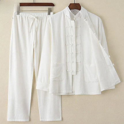 Men's Spring Summer Chinese Style Cotton Linen Long Sleeve Two-Piece Set Traditional Clothing Loose Fit Square Collar Shirt