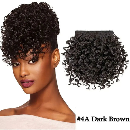 BENEHAIR Short Afro Kinky Curly Bangs Synthetic Clip in Bangs 6-8inch Clip-on Bangs Ponytail Hair Extension Wig For Women