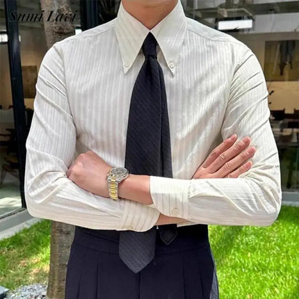 2026 Spring Fall Daily Casual Mens Slim Shirts Long Sleeve Turn-down Collar Button Shirt Top Men Fashion Striped Texture Shirt