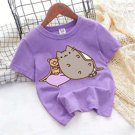 Cute Pusheens Children's Cotton T-shirt Short Sleeve Clothes Anime Popular Cartoon Kids Girl Tees Streetwear Toddler Casual Tops