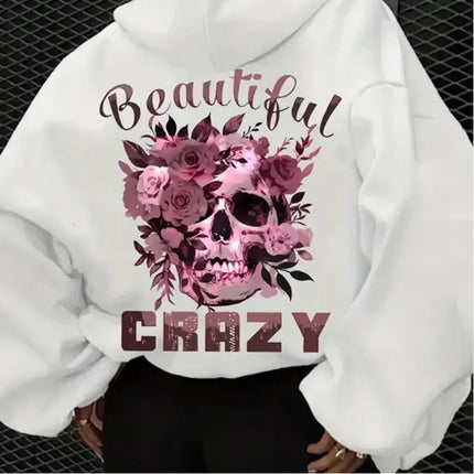 Women's autumn and winter casual hoodie with skull and floral print hooded drawstring round neck long sleeved warm pullover