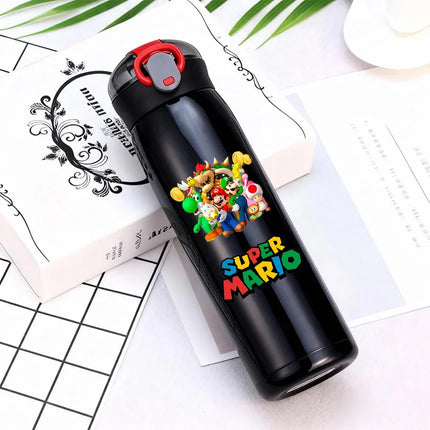 Super Marios Bros 460ml Thermal Cup Men Women Anime Black Straw Bottle Bouncing Lid Portable 304 Stainless Steel Thermo Bottles