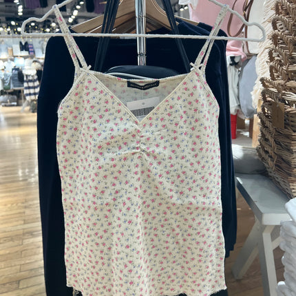 Floral Print Bow V Neck Camis Women Chic Lace Trim Sleeveless Slim Crop Tops Vest Sweet Casual Fashion Raw Hem Tank Top Y2k New