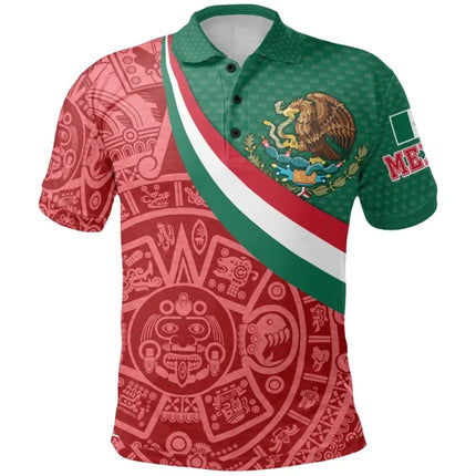 Mexico Flag Map Graphic Polo Shirts For Men Aztec Warrior Eagle 3D Printed Short Sleeves Casual Sport Lapel Tops Oversized Tees
