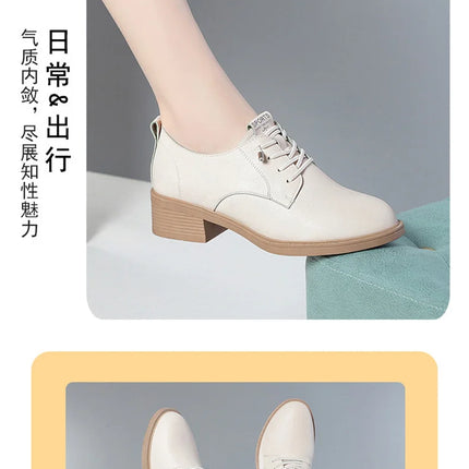 British Style Spring Autumn Women Round Heel Shoes Square Heel Lace-free Office Pumps Work Party Comfortable Soft Leather 2024