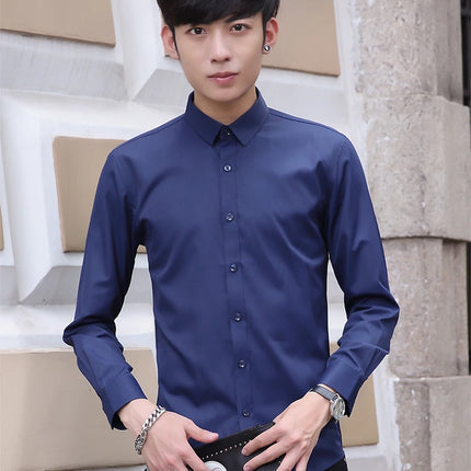 Slim Fit Long Sleeve Silk Men's Shirt Hong Kong Style Workwear Iron-Free Professional Shirt Youth Fashion Spring