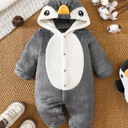 IURNXB Baby Penguin Plush Snowsuit Newborn Long Sleeve Cartoon Footed Romper Outfit Infant Onesie Homewear Costume 1-18M