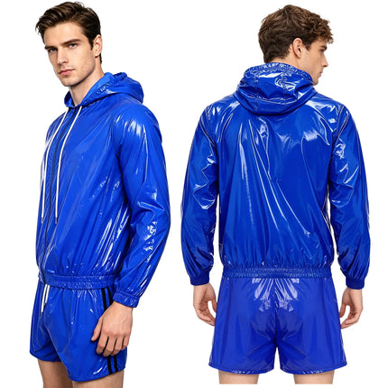 Mens Waterproof Sauna Outfit Glossy Sweat Suit Hooded Tracksuit Hooded Jacket with Jogging Track Pants for Fitness Training
