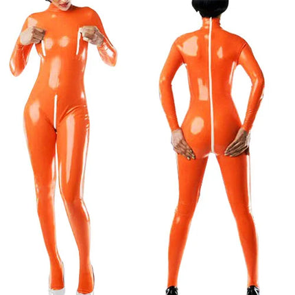 Sexy Faux Leather Jumpsuits for Women High Collar Zipper Open Crotch Open Chest Wet Look Bodysuits Nightclub Clothing Custom