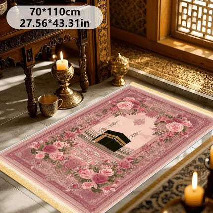 VIKAMA Muslim Prayer Rug with Pink Heart Print, Islamic Design Foldable Travel Mat, Washable And Portable For Salah, Eid, Hajj