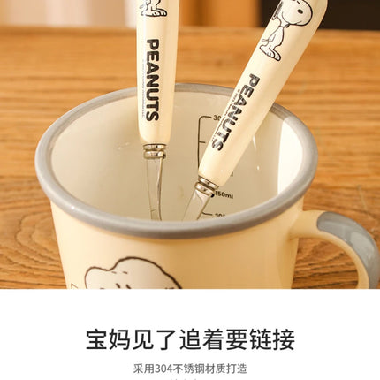Genuine 2Pcs Cute Cartoon Snoopy Stainless Steel Spoon Ceramic Handle Spoon Fork Children's Tableware
