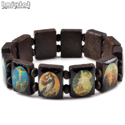Wooden Rosary Jesus Bracelet Elastic Coloured Beads Catholic Bangle Picture Of Religious Saints Holy Gods Devotion Bracelet