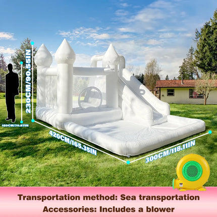 14FT  Spire‑Top Inflatable White bounce house with Slide, Large Ball Pit and Middle Play Zone, Durable and Portable for party