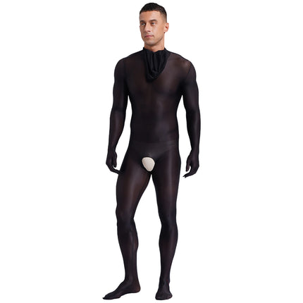 Men's Glossy Bodystocking Full Body Suit See-though Stretch Nylon One Piece Overall Catsuit with Head Mask Underwear Clubwear