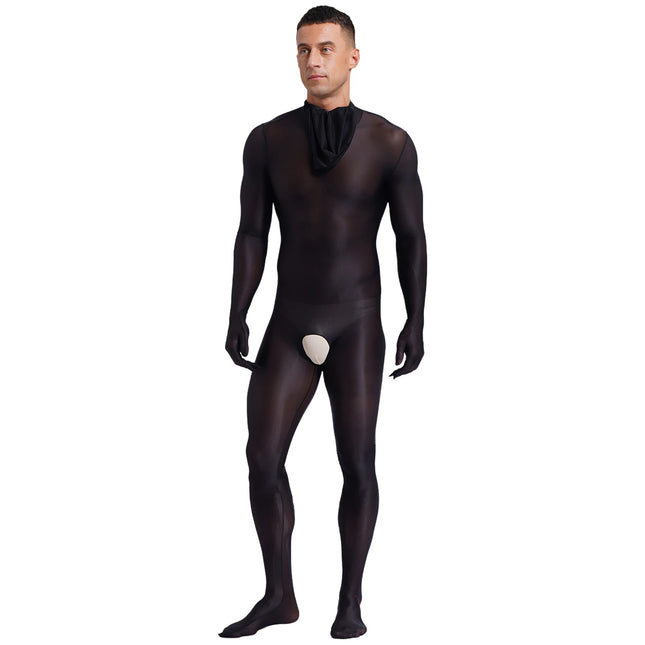Men's Glossy Bodystocking Full Body Suit See-though Stretch Nylon One Piece Overall Catsuit with Head Mask Underwear Clubwear