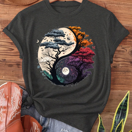 Yin Yang Tree Of Life Women's Tee - Nature Graphic, Casual Boho Spiritual Top