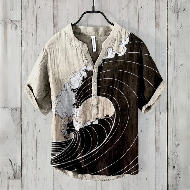 Men's Short-Sleeved POLO Shirt Imitation Linen POLO Shirt Printed Kanagawa Waves Japanese Retro Men's Clothing