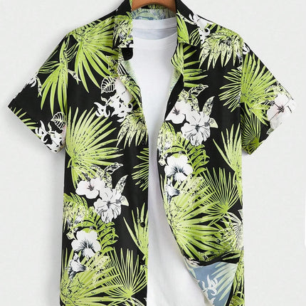Hawaiian Botanical Flower Print Men's and Women's Short Sleeve Lapel Seaside Button-Down Shirt Top Casual Fashionable Shirts