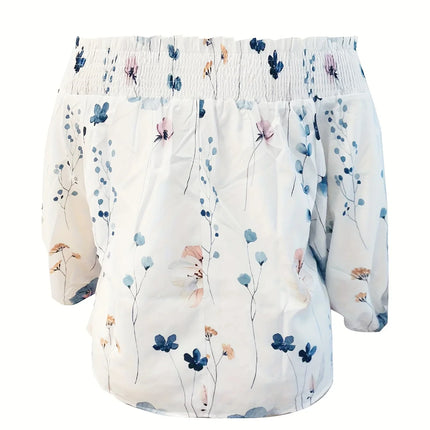 Women's Summer Plus Size 1XL-5XL Fashion Floral Print Off Shoulder Blouse Shirt Ladies Casual Long Sleeve Beach Shirt