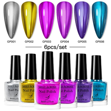 6pc Mirror Metallic Nail Polish No Need Lamp Quick Dry Mirror Effect Long Lasting Nail Supplies Varnish Manicure for Home Salon