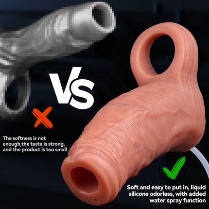 Realistic Squirting Penis Sleeve with Soft Cock Ring Reusable Dildo Enlargement Comdom Ejaculation Water Spray Sex Toys for Men