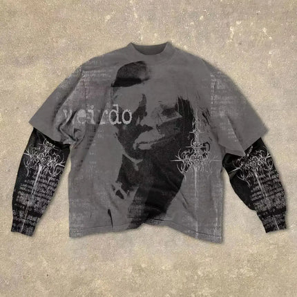 Gothic Fake Two Piece Long Sleeve Red Eye Pattern Spliced T Shirt Autumn Popular Select Dark Punk Fashion Cotton Tops