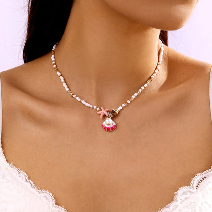 Bohemian Mixed Color Rice Beads Necklace for Women Sea Shell Conch Starfish Pendant Beaded Clavicle Choker Beach Party Jewelry