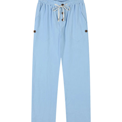 Men's Linen Drawstring Pants Casual Button Detail Elastic Waist Breathable Beach Vacation Daily Wear Straight Leg Trousers for M