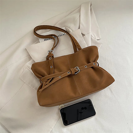 Minimalist Solid Color Tote Bag PU Belt Buckle Detail Lightweight Suede Zipper Large Spacious Shoulder Bag for Travel Commute