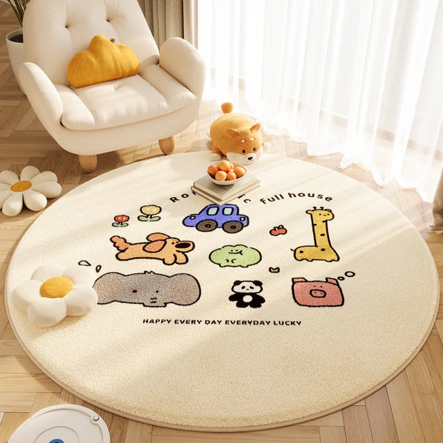 VIKAMA Cute Cartoon Living Room Round Flannel Carpet, Bedroom Bedside Anti-Slip And Cooling Rug, Home Decoration