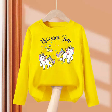 Aimi Lakana Baby Pony Cartoon Clothing Children Spring Fall T-Shirt Kids Long Sleeved O-Neck Tops Girl Unicorn Tees 3-14T