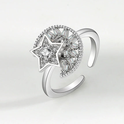 VENTFILLE 925 Sterling Silver Moon And Stars Zircon Rotatable Ring For Women Gift Diamond Relieve Stress Ring Jewelry Wholesale